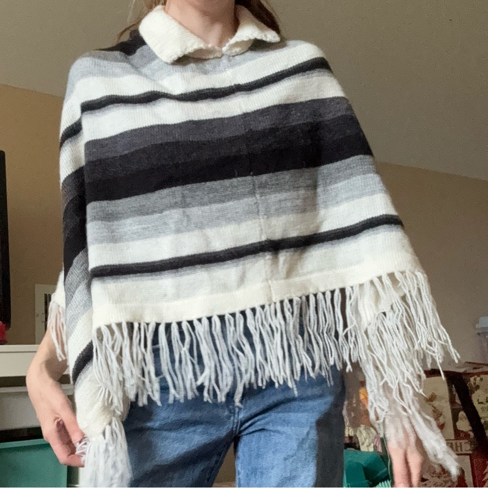 Striped Poncho with Fringe and Collar